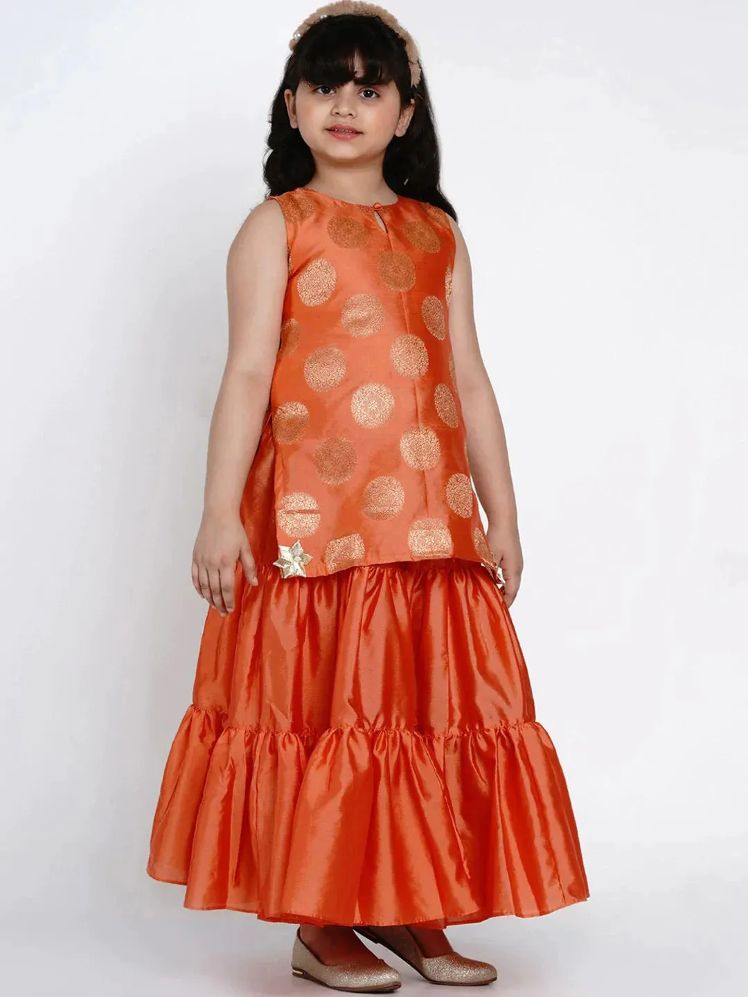 Girls Orange Embroidered Kurti With Sharara & Dupatta