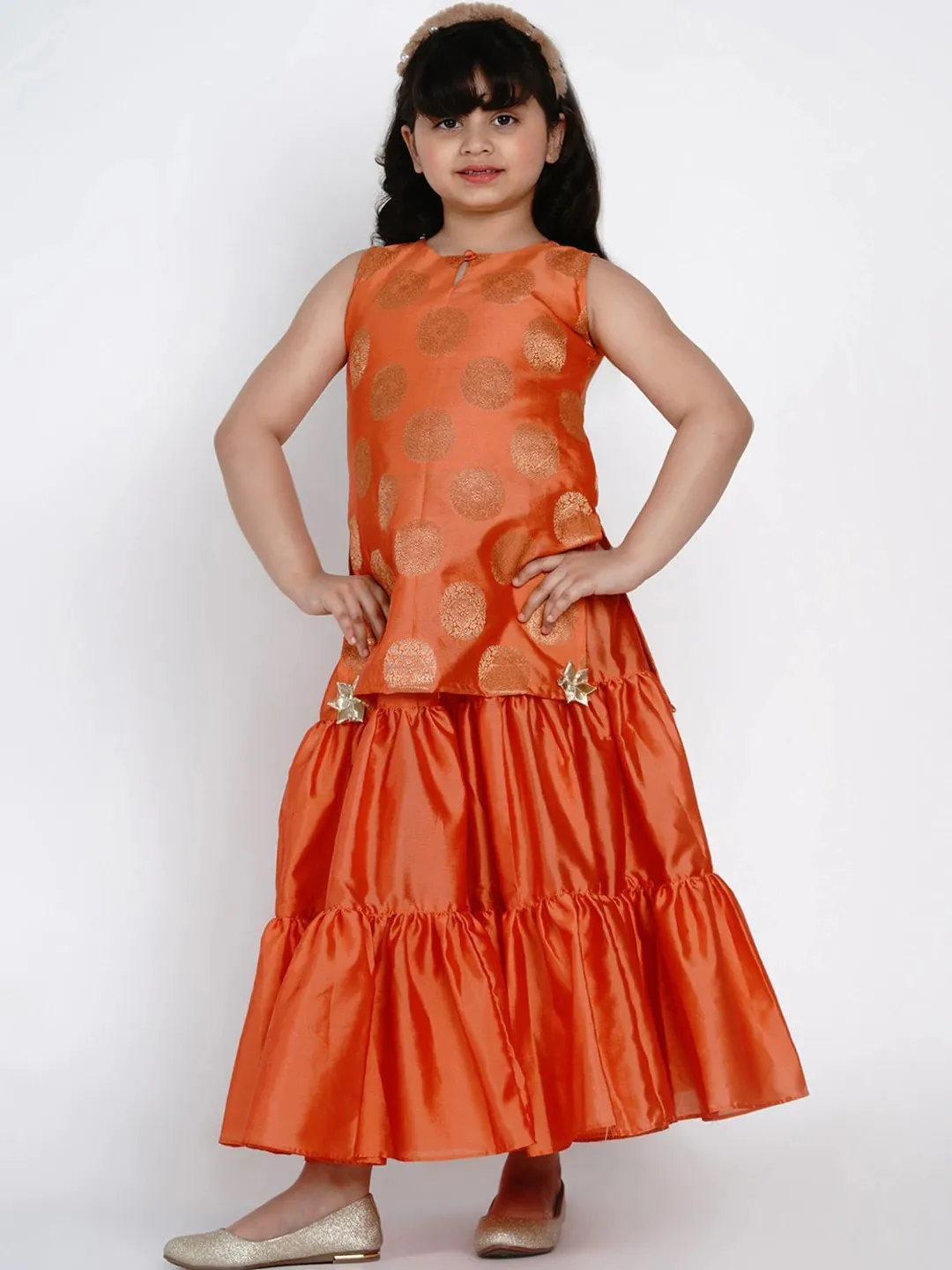 Girls Orange Embroidered Kurti With Sharara & Dupatta