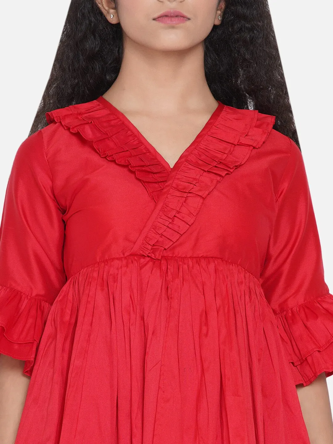 Girls Red Pleated Asymmetric Kurta With Palazzos