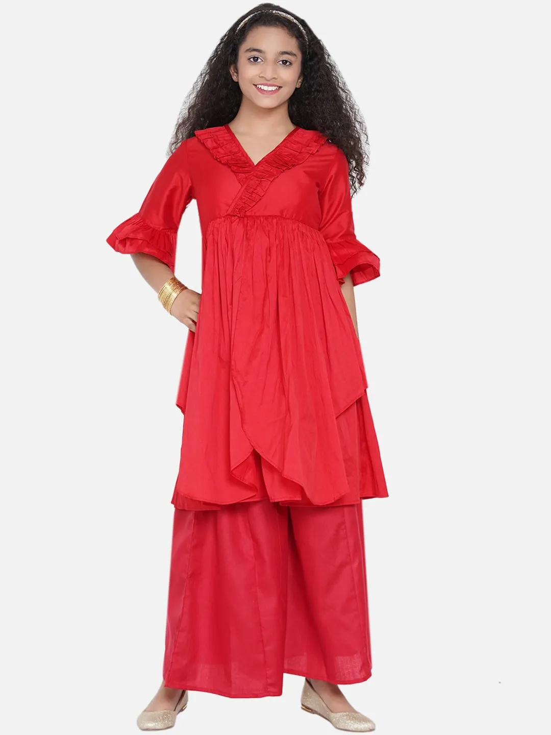 Girls Red Pleated Asymmetric Kurta With Palazzos