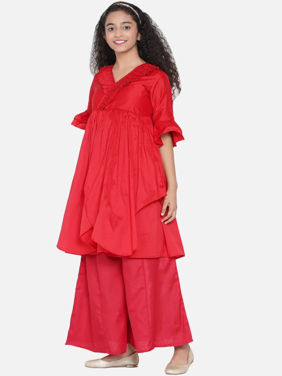 Girls Red Pleated Asymmetric Kurta With Palazzos