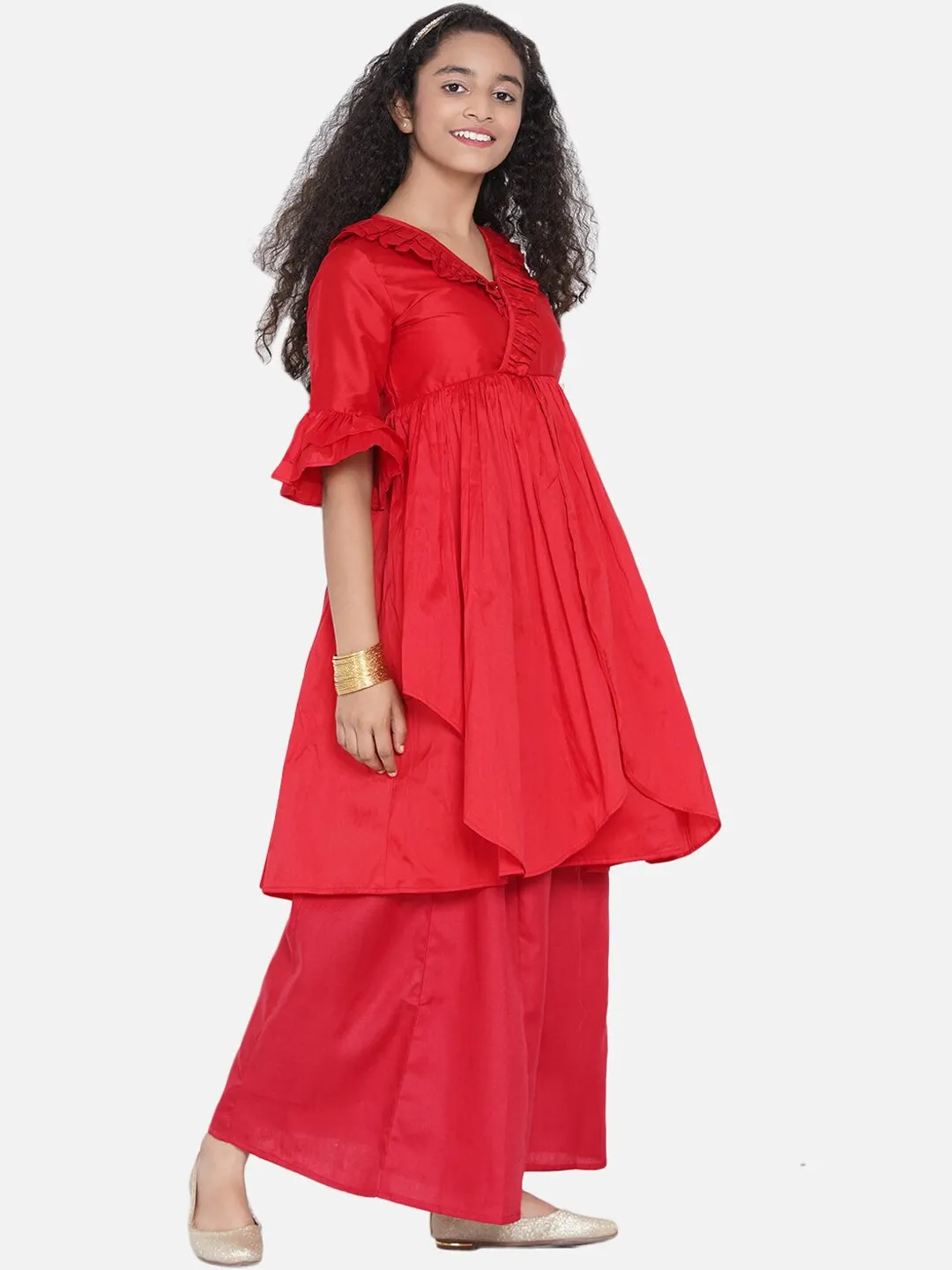 Girls Red Pleated Asymmetric Kurta With Palazzos