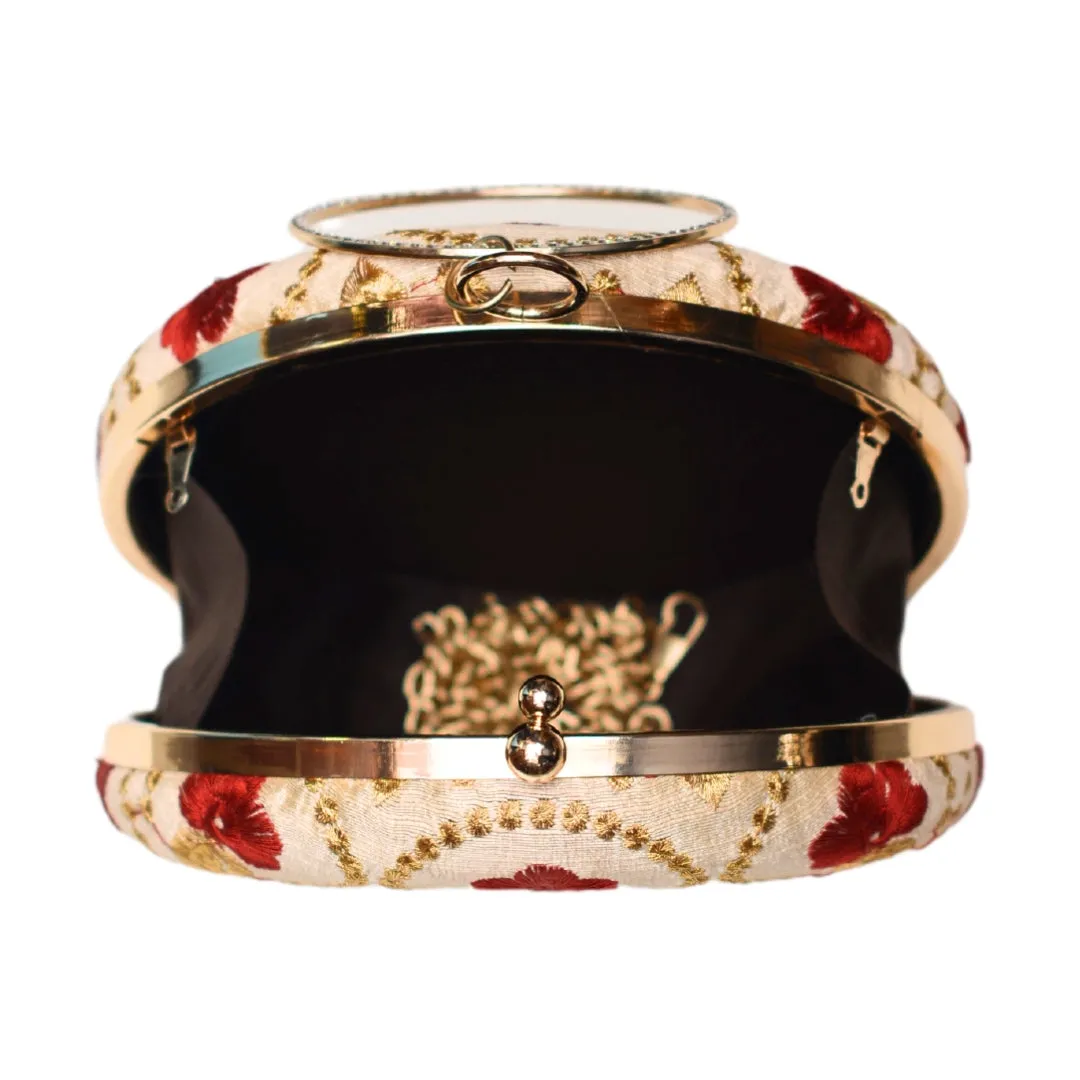 Golden And Red Embroidery Round Clutch
