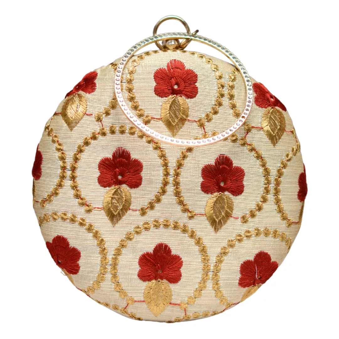 Golden And Red Embroidery Round Clutch