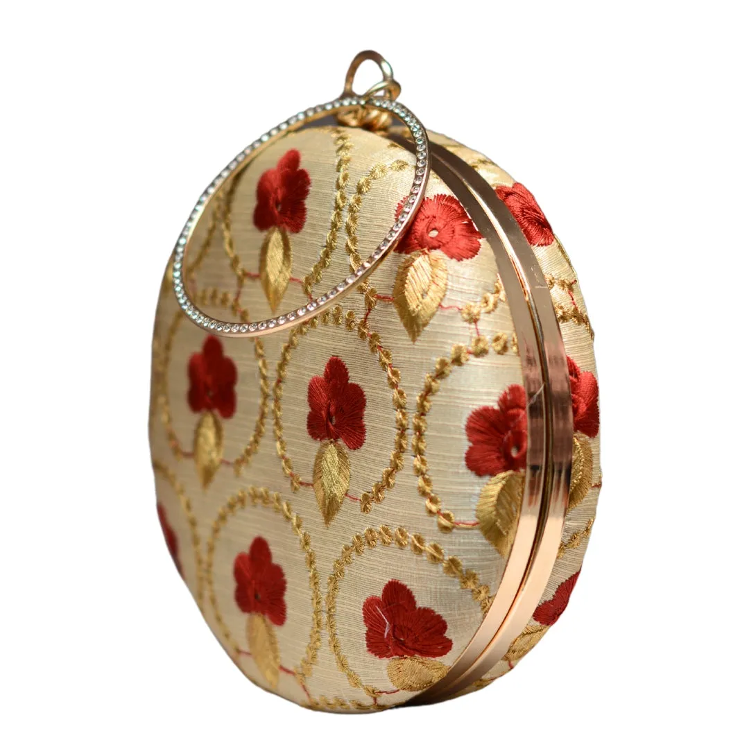 Golden And Red Embroidery Round Clutch