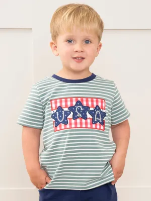 Green Striped Embroidered USA Shirt