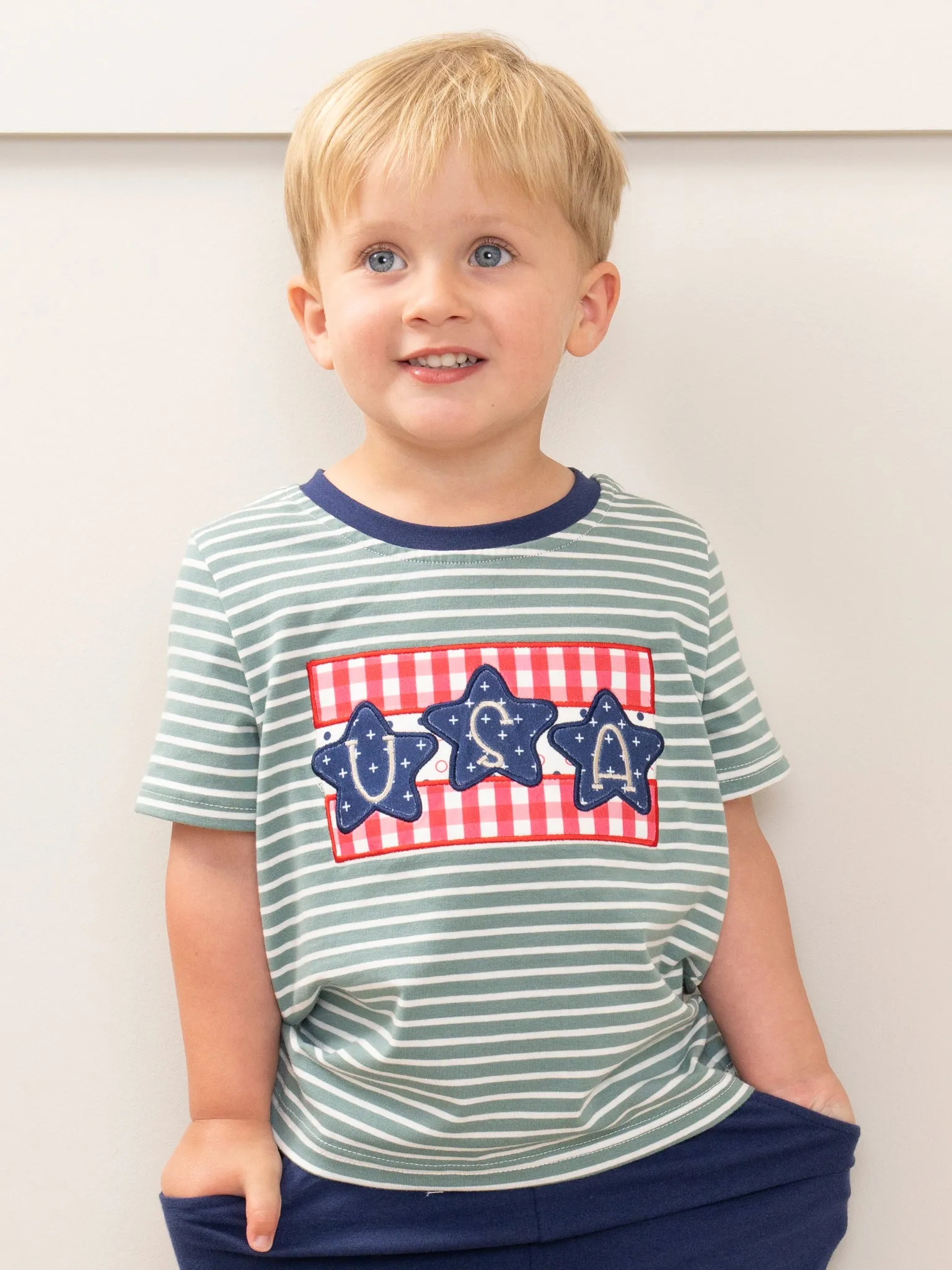 Green Striped Embroidered USA Shirt