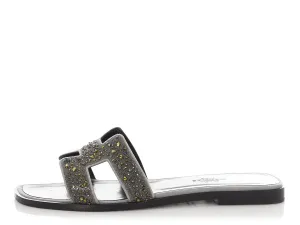 Hermès Gray Crystal Studded Oran Sandals