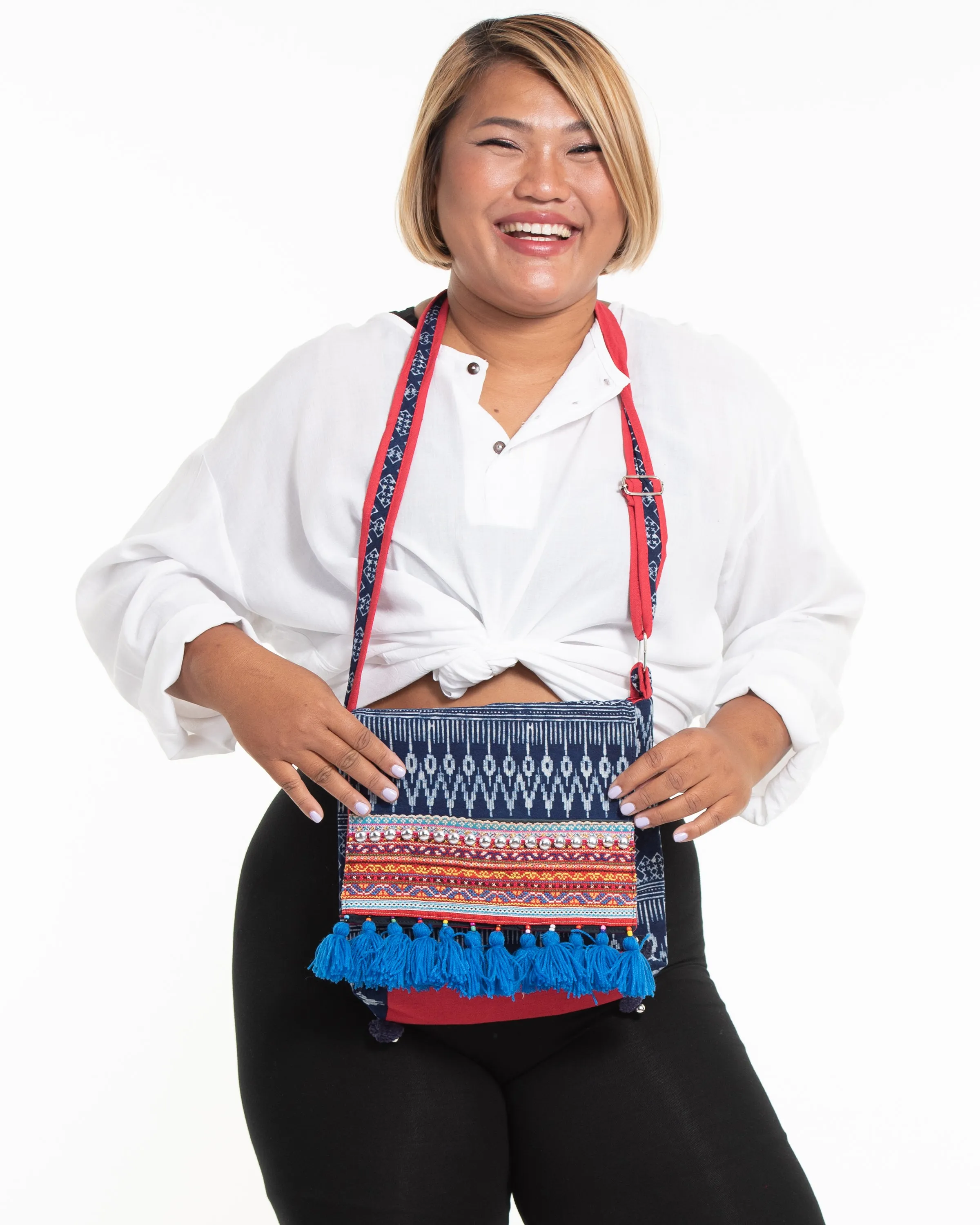 Hmong Indigo Batik and Embroidered Crossbody Sling Bag with Blue Tassels