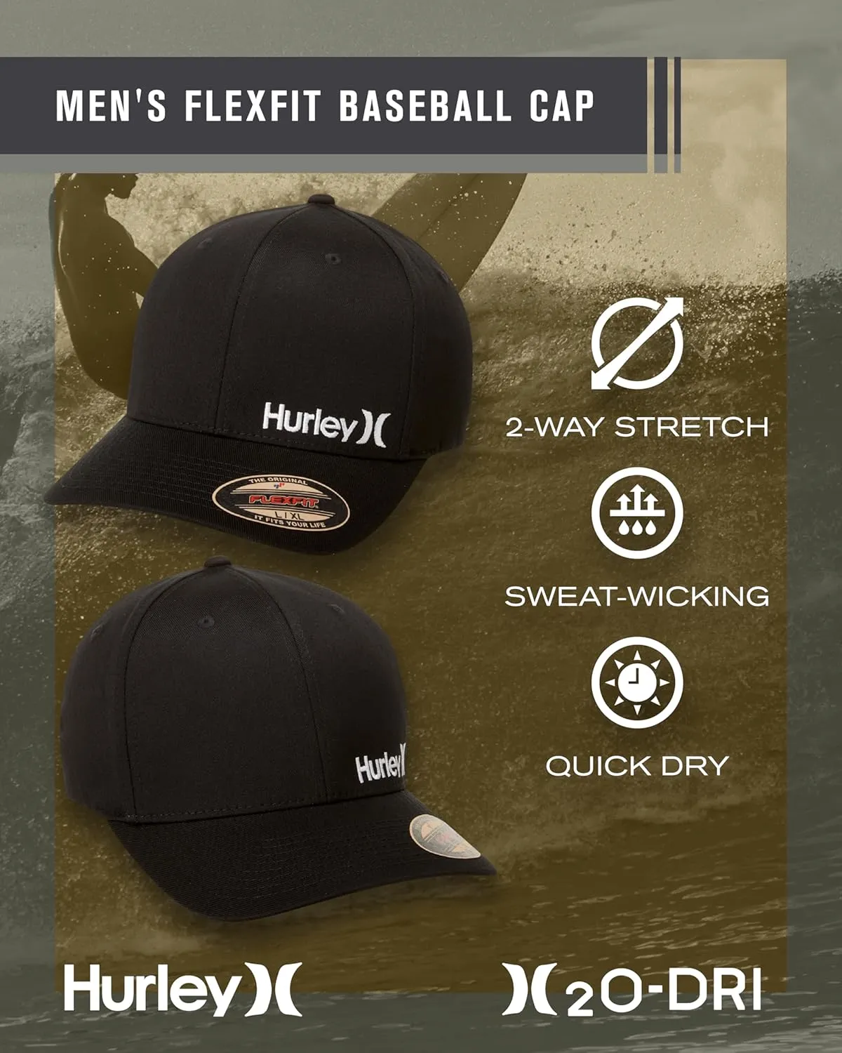 Hurley Men's Baseball Cap - Flexfit Curve Bill Fitted Trucker Hat for Men (S-XL)