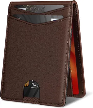 Leather Wallet for Men Genuine Leather RFID Blocking Bifold compact Wallet With Magnetic Closure 1 ID Window (Brown)