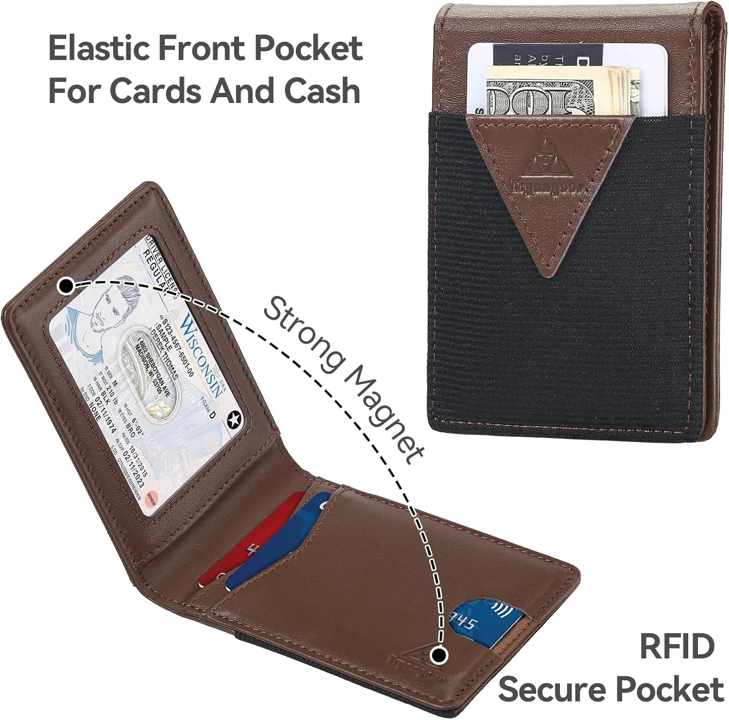 Leather Wallet for Men Genuine Leather RFID Blocking Bifold compact Wallet With Magnetic Closure 1 ID Window (Brown)
