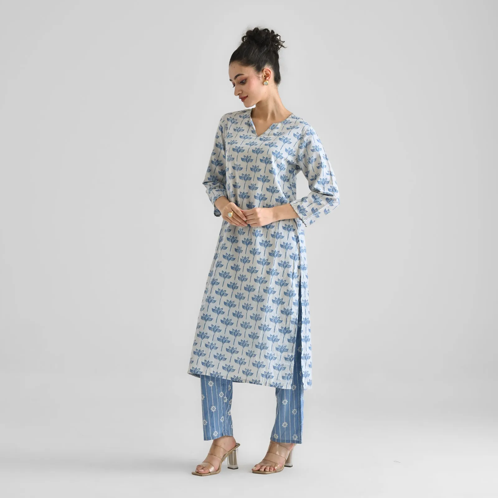 Light Blue Lotus Dabu Printed Cotton Kurta with Notch Neckline