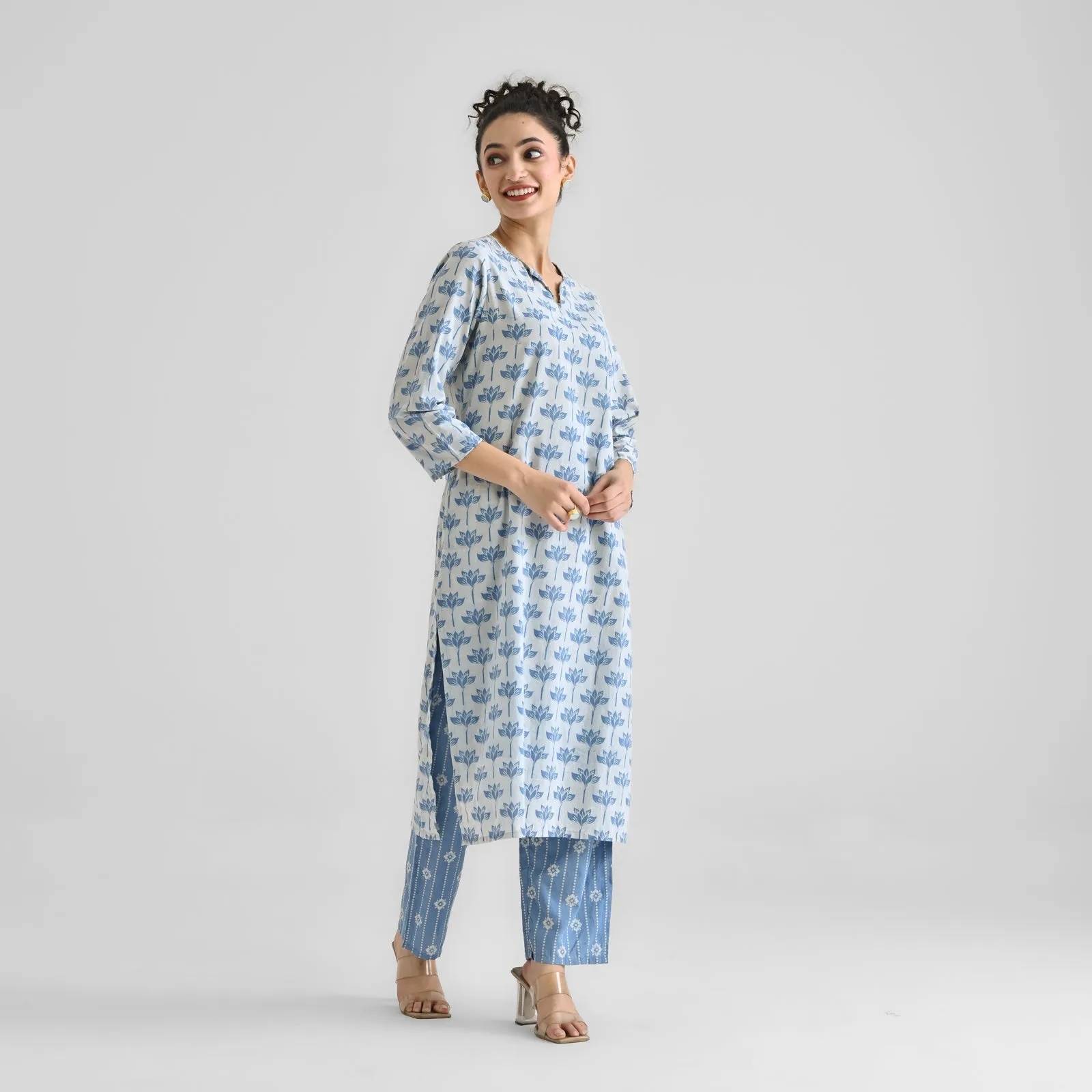 Light Blue Lotus Dabu Printed Cotton Kurta with Notch Neckline