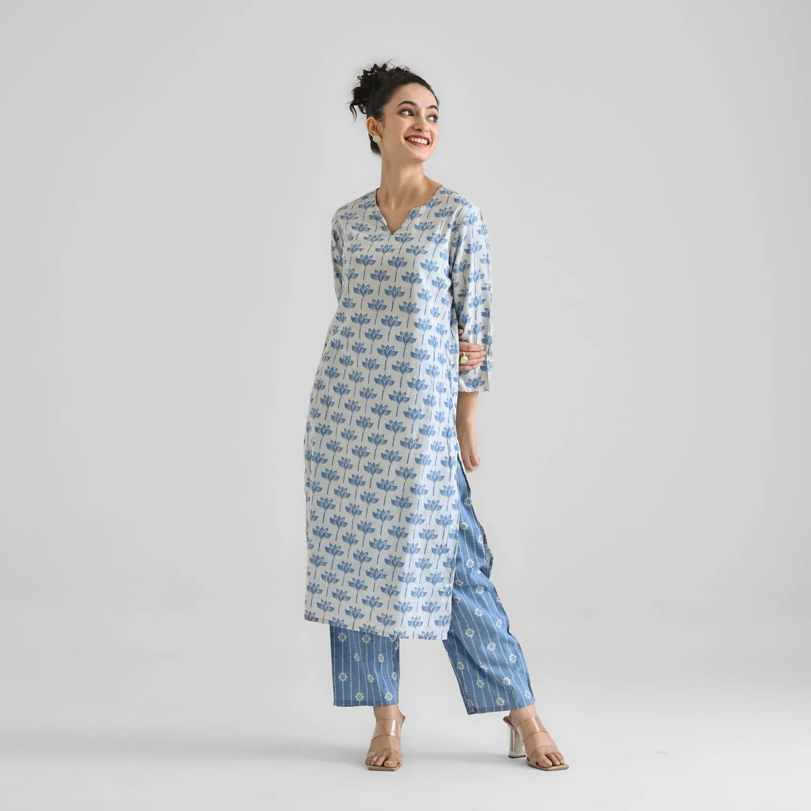 Light Blue Lotus Dabu Printed Cotton Kurta with Notch Neckline