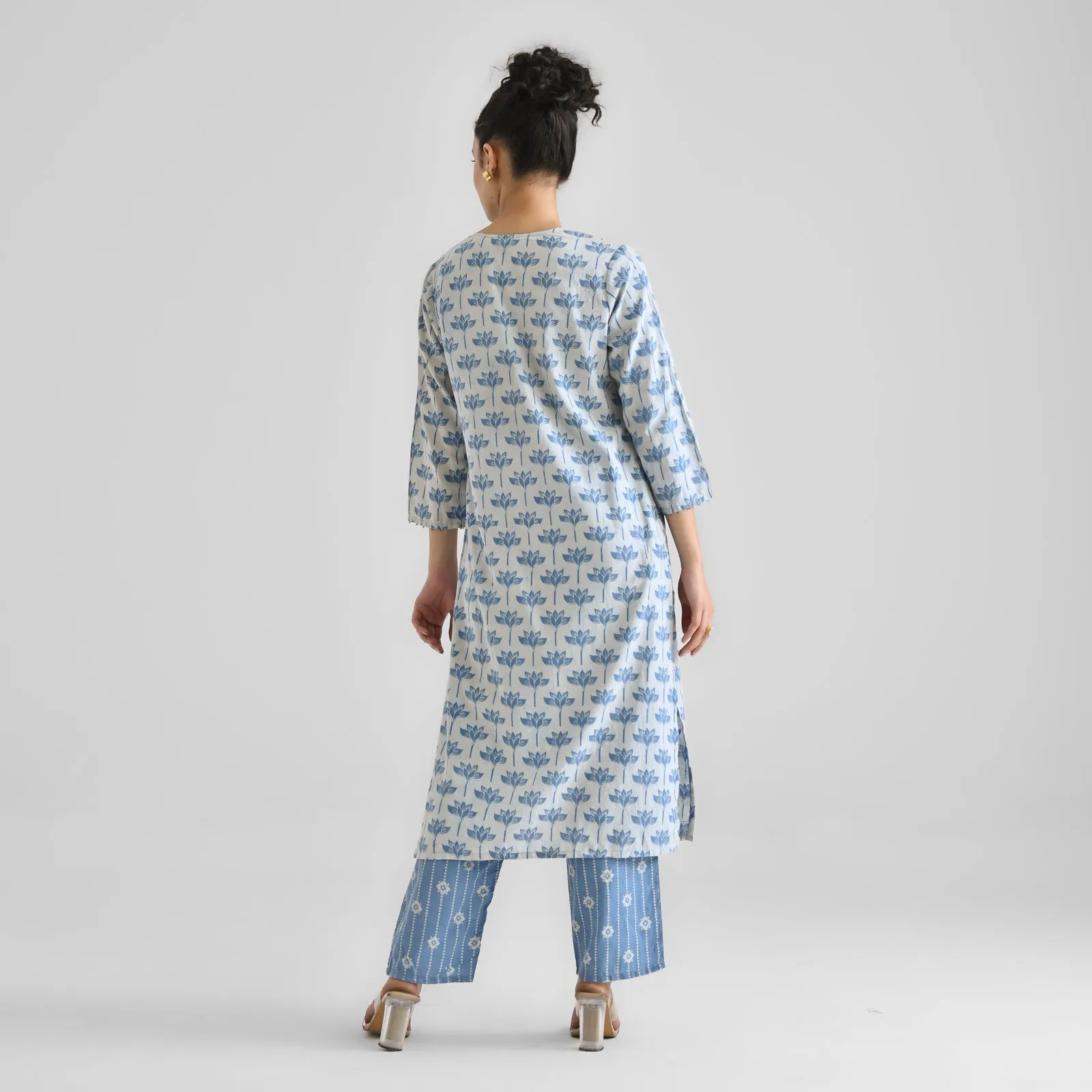 Light Blue Lotus Dabu Printed Cotton Kurta with Notch Neckline