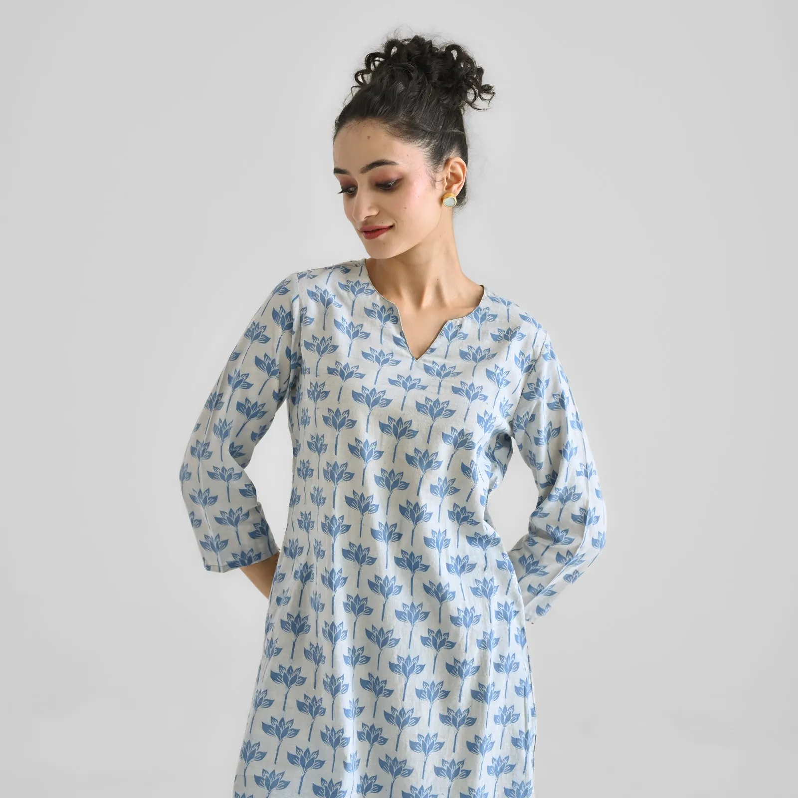 Light Blue Lotus Dabu Printed Cotton Kurta with Notch Neckline