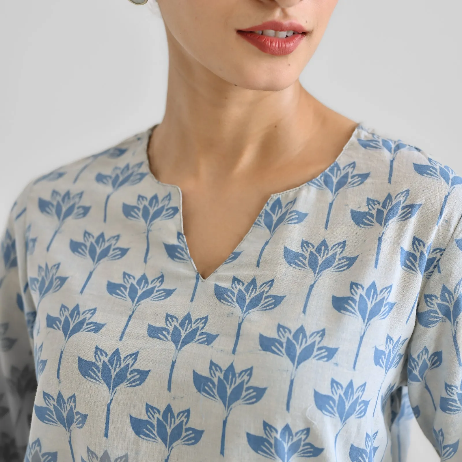Light Blue Lotus Dabu Printed Cotton Kurta with Notch Neckline