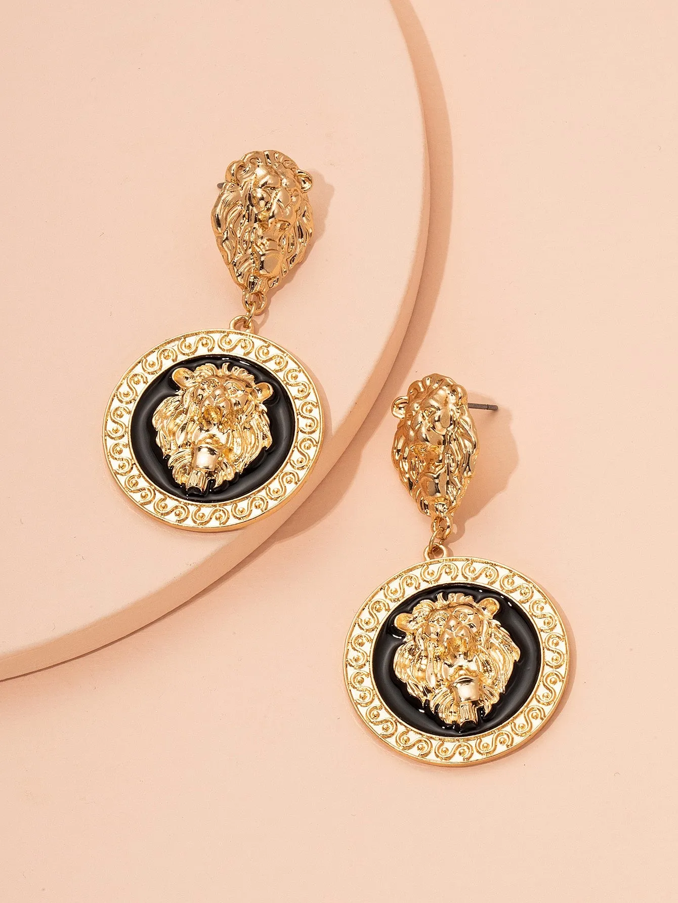 Lion Head Design Round Drop Earrings