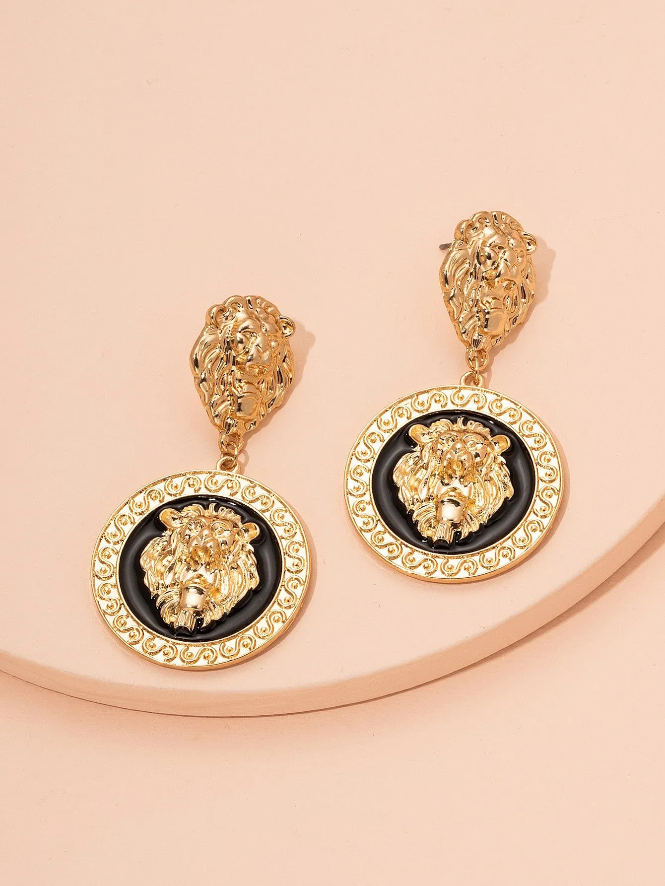 Lion Head Design Round Drop Earrings