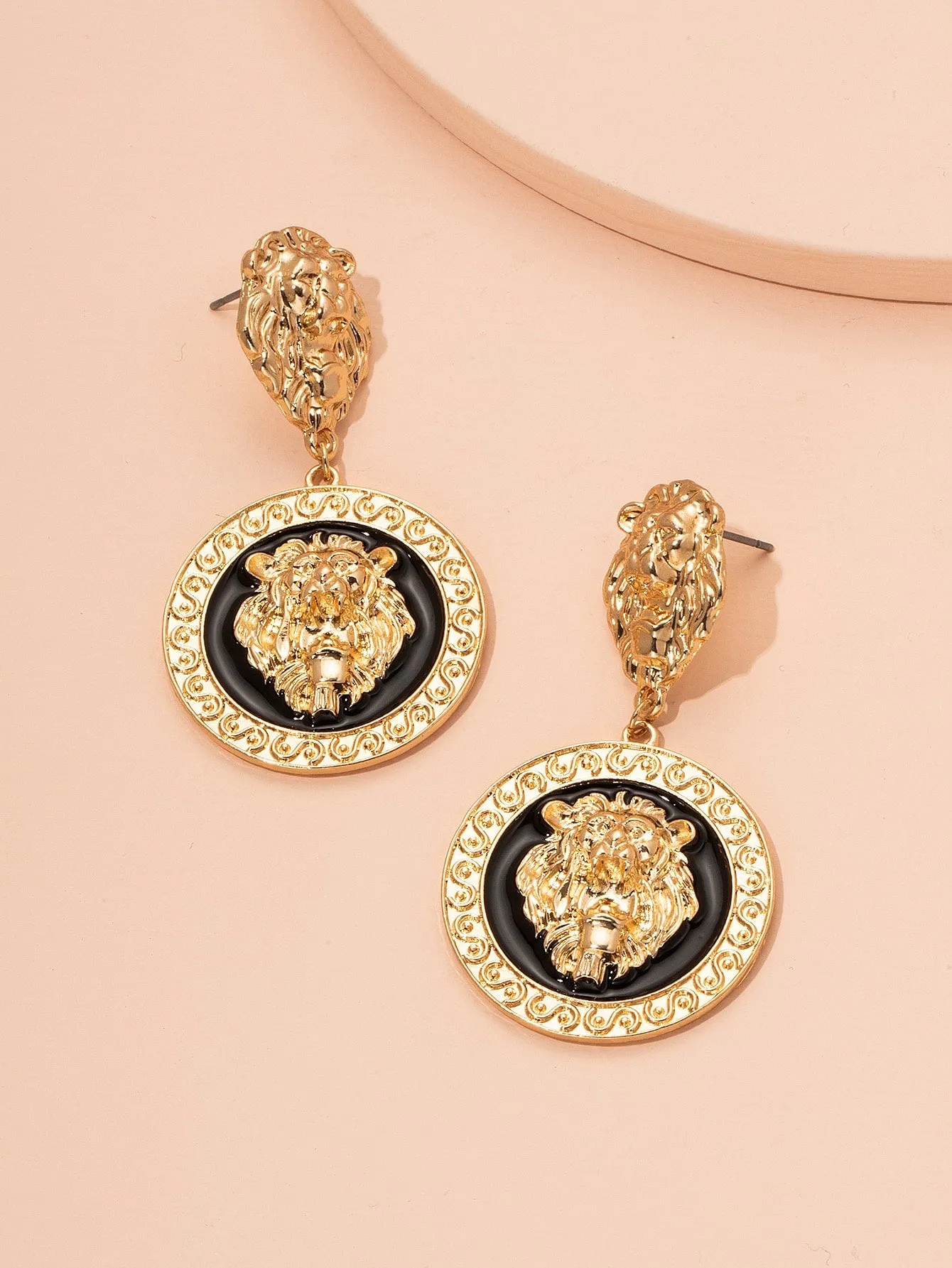 Lion Head Design Round Drop Earrings