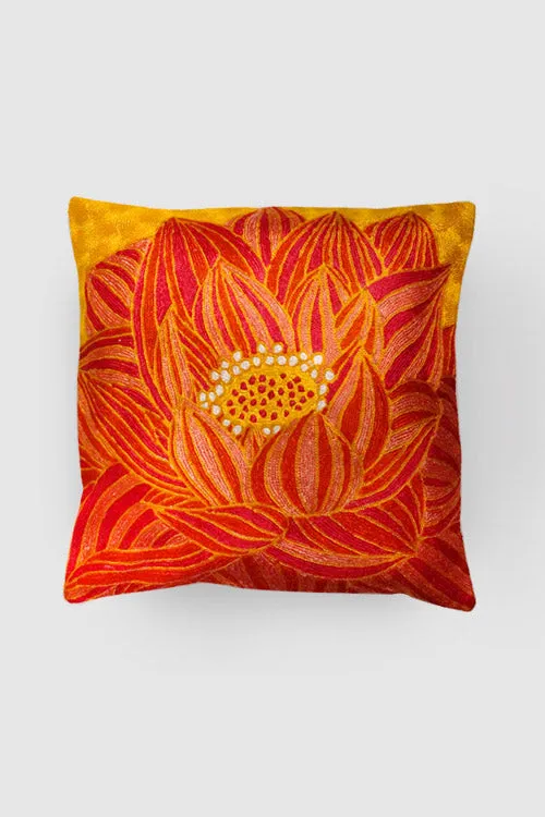 Lotus Chainstitch Embroidered  Cushion Cover Red & Yellow