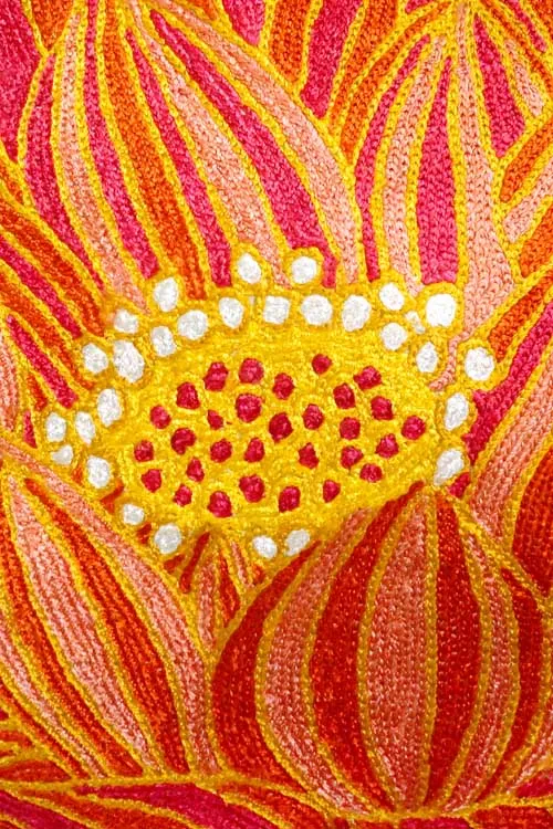 Lotus Chainstitch Embroidered  Cushion Cover Red & Yellow