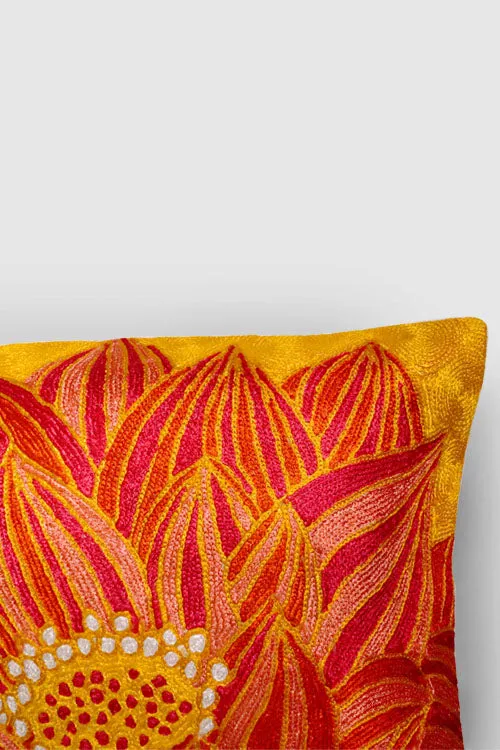 Lotus Chainstitch Embroidered  Cushion Cover Red & Yellow