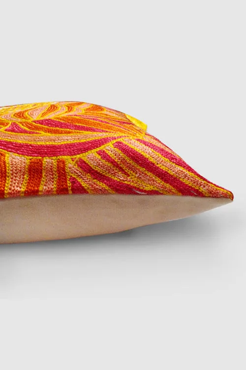 Lotus Chainstitch Embroidered  Cushion Cover Red & Yellow