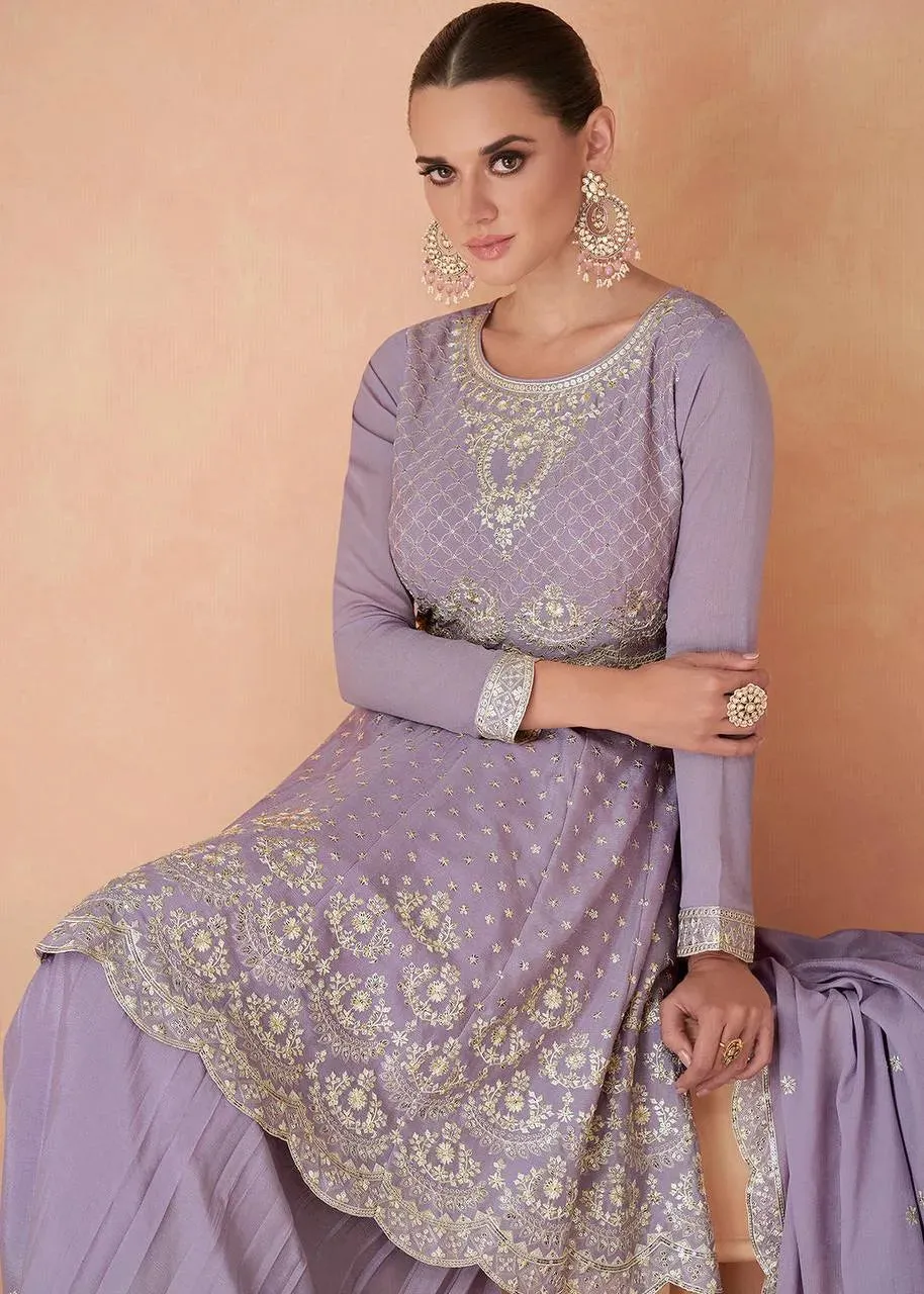 Luxurious Lavender Chinon Embroidered Sharara Suit