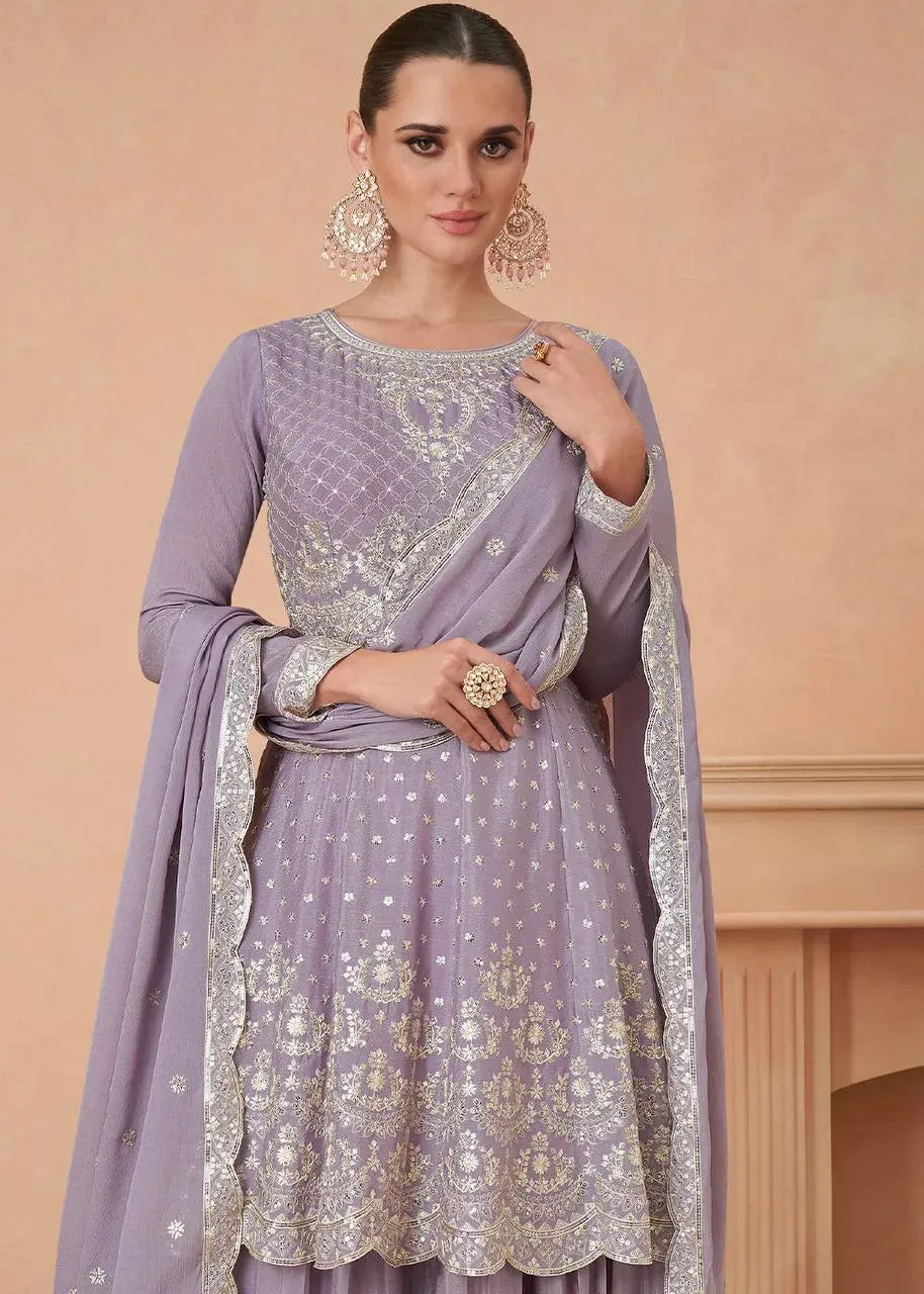 Luxurious Lavender Chinon Embroidered Sharara Suit