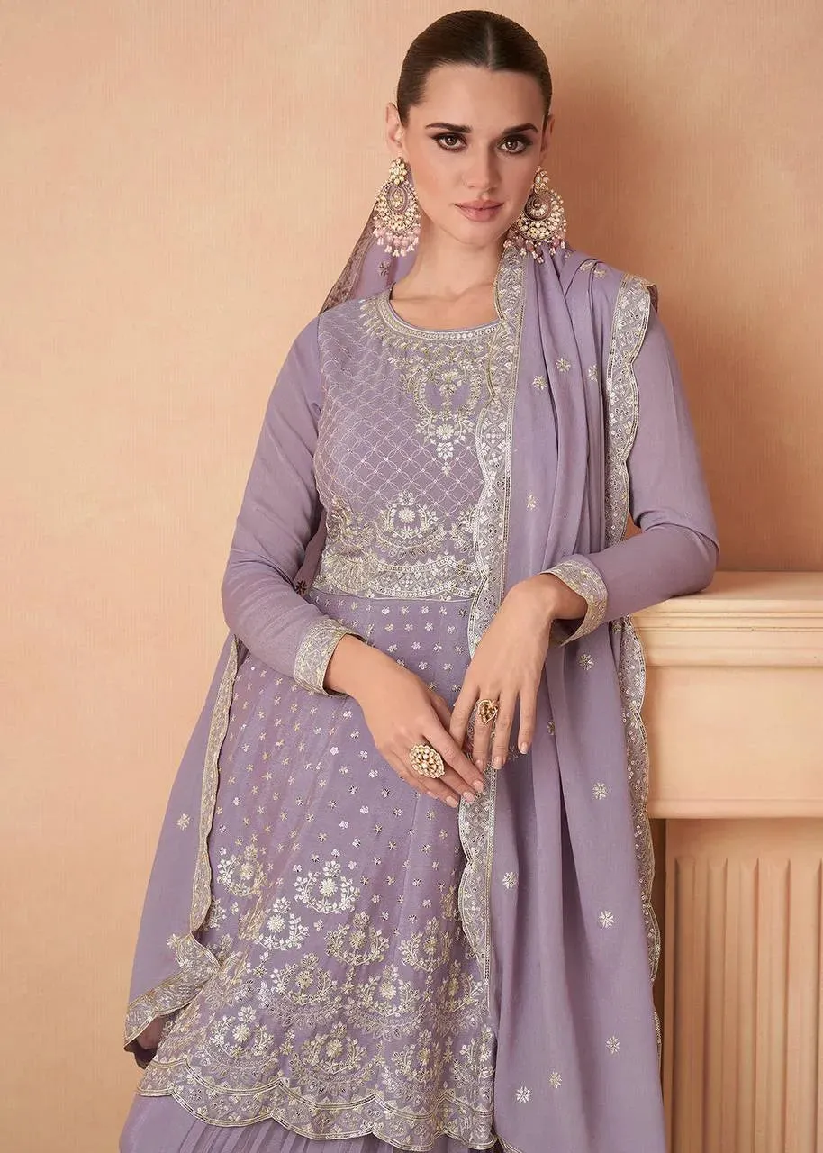 Luxurious Lavender Chinon Embroidered Sharara Suit