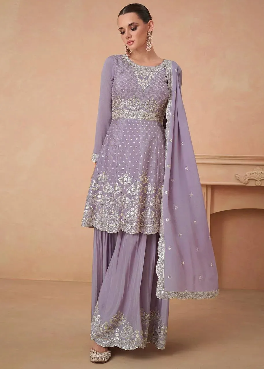 Luxurious Lavender Chinon Embroidered Sharara Suit