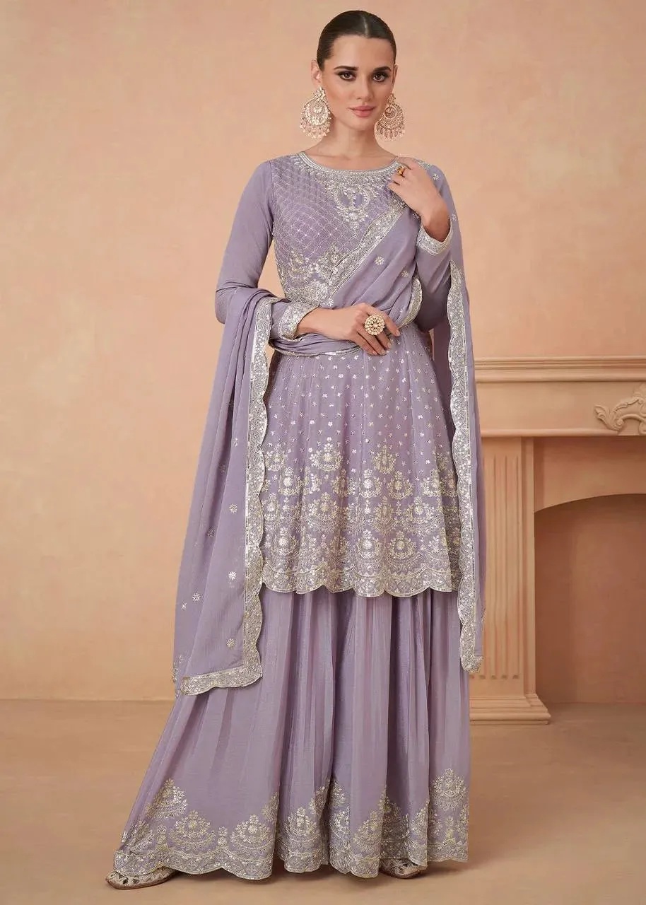 Luxurious Lavender Chinon Embroidered Sharara Suit