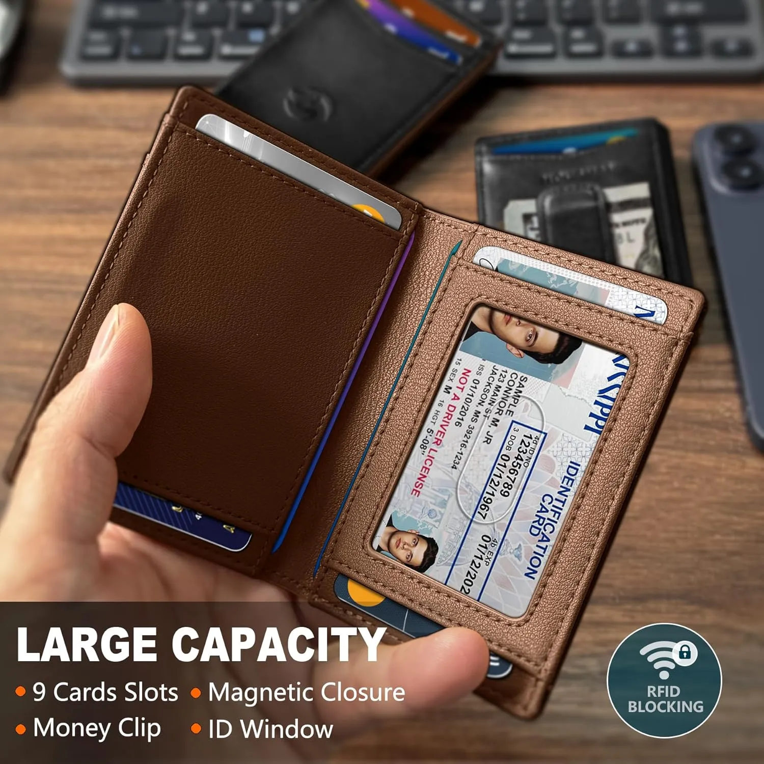 Magnetic Closure Slim Wallet for Men with Money Clip Gift Boxed,Genuine Leather Front Pocket Wallet, 3.9"x 2.7", RFID Blocking