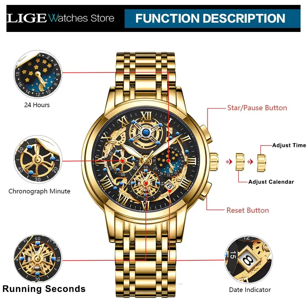 Men's LIGE Chronograph Gold Watch