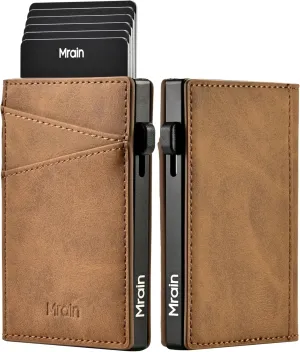 Men's Slim Wallet Pop Up Card Holder RFID Blocking Metal Wallet with Push Button Minimalist Design for Credit Card Holder Magnetic Closure (Crazy Horse Brown)