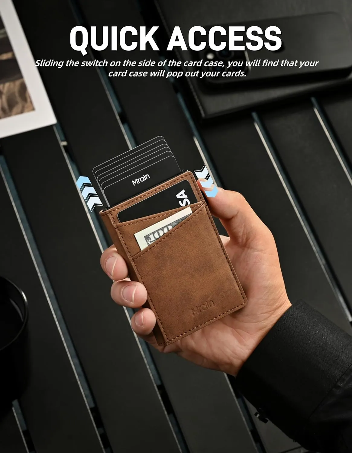 Men's Slim Wallet Pop Up Card Holder RFID Blocking Metal Wallet with Push Button Minimalist Design for Credit Card Holder Magnetic Closure (Crazy Horse Brown)