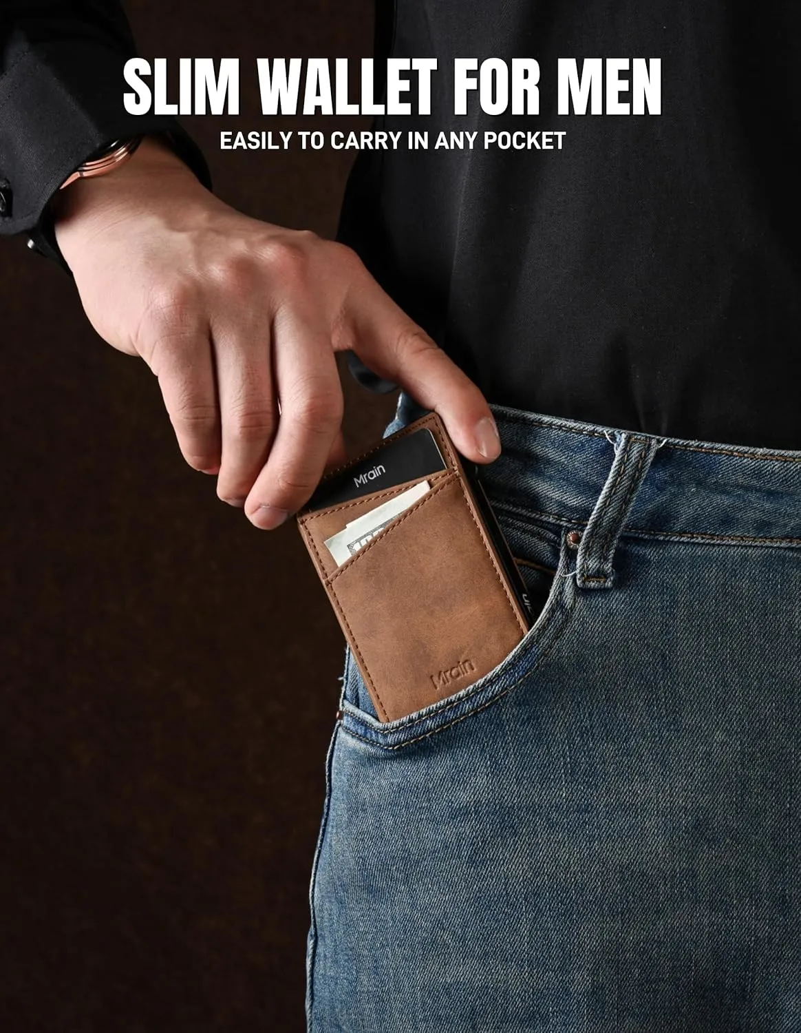 Men's Slim Wallet Pop Up Card Holder RFID Blocking Metal Wallet with Push Button Minimalist Design for Credit Card Holder Magnetic Closure (Crazy Horse Brown)