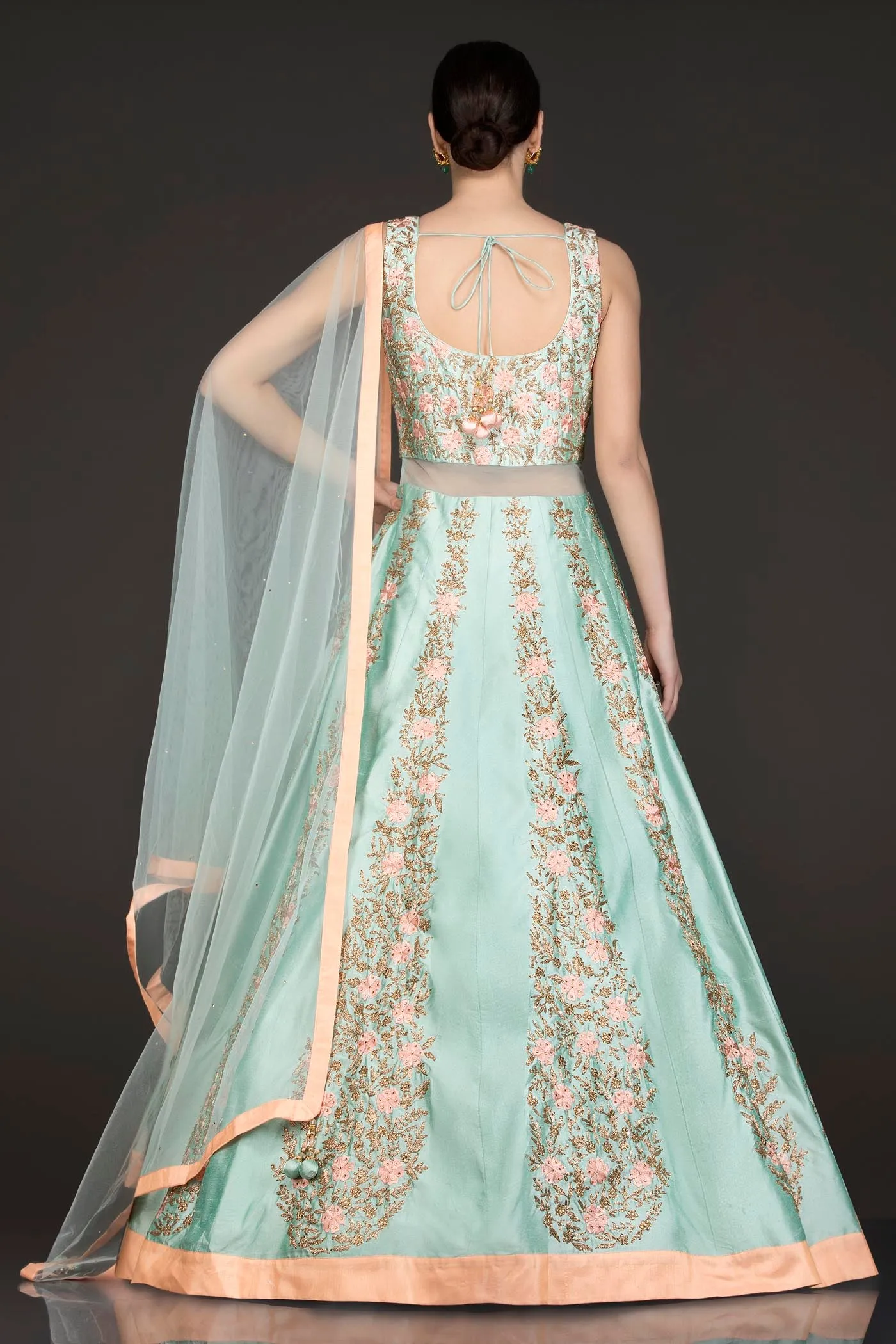 Mint Green Silk Anarkali/Gown With Net Dupatta And Resham/Thread And Gold Zari Embroidery