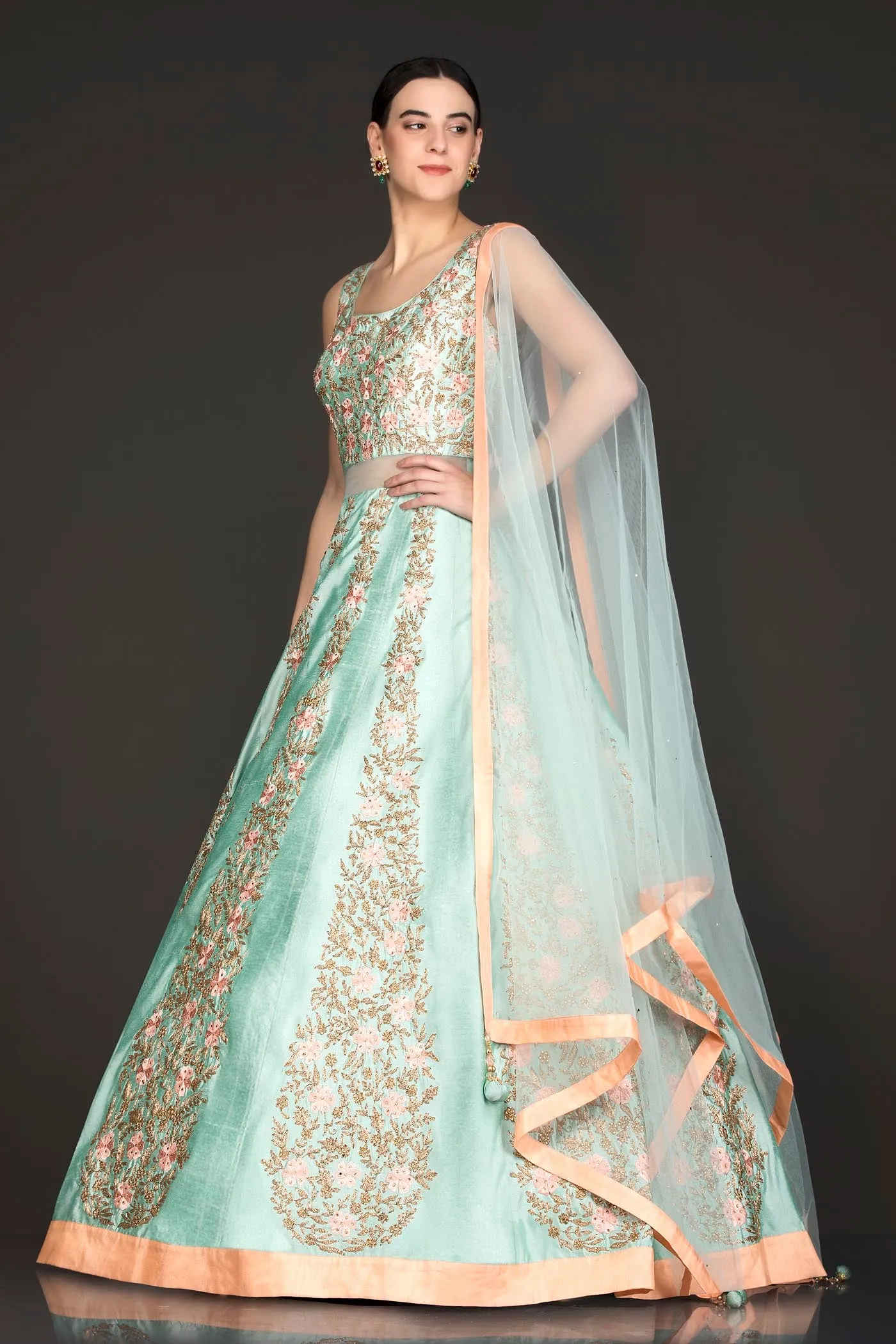 Mint Green Silk Anarkali/Gown With Net Dupatta And Resham/Thread And Gold Zari Embroidery