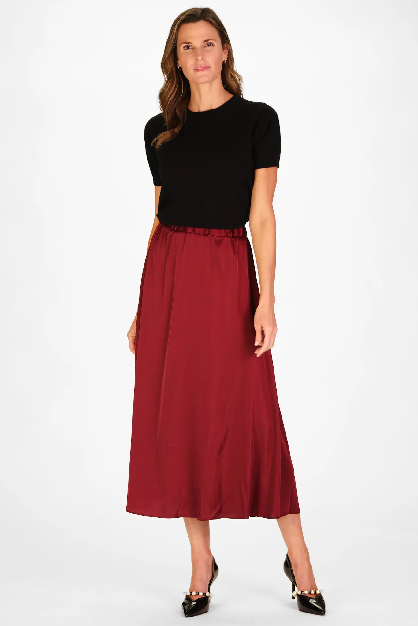 Mira Skirt in Pinot Silky Stretch Satin