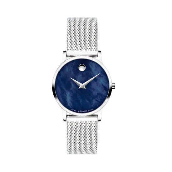 Movado Museum Classic with 28MM Blue Mother-of-Pearl Dial and Stainless Steel Mesh Bracelet. 0607425