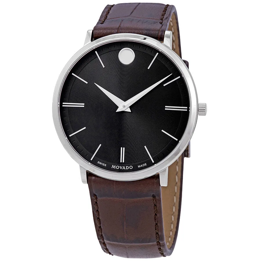 Movado Ultra Slim Black Dial Brown Leather Men's Watch 0607172