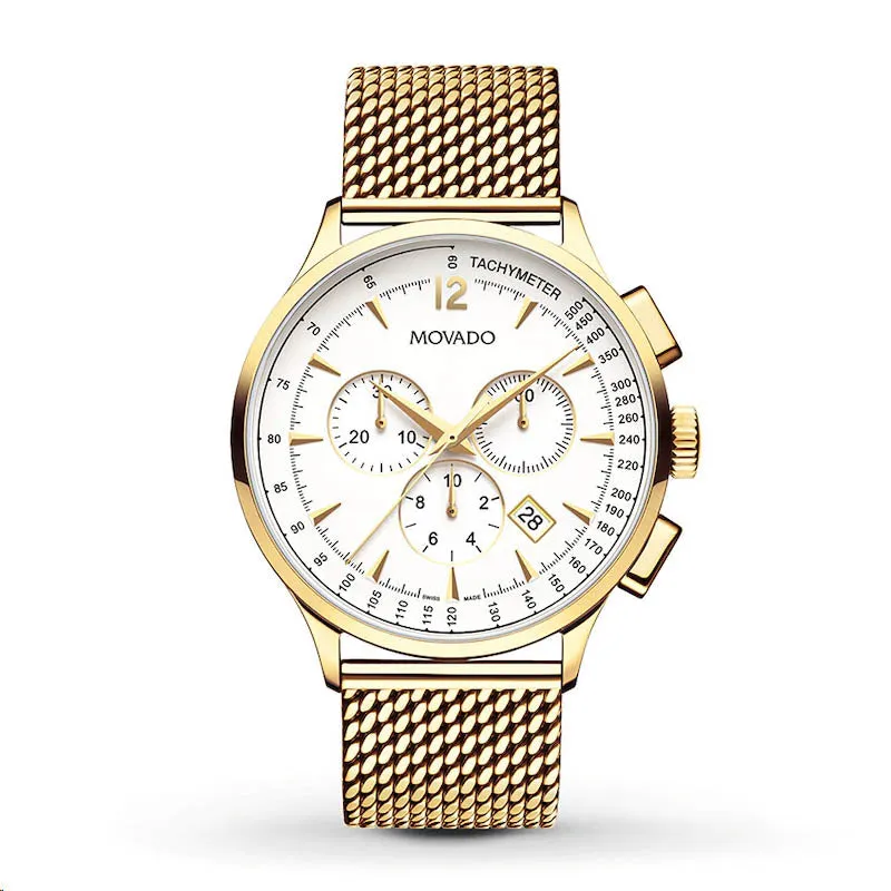 Movado Watch with 42MM Chronograph Dial and Stainless Steel Mesh Bracelet. 0607080