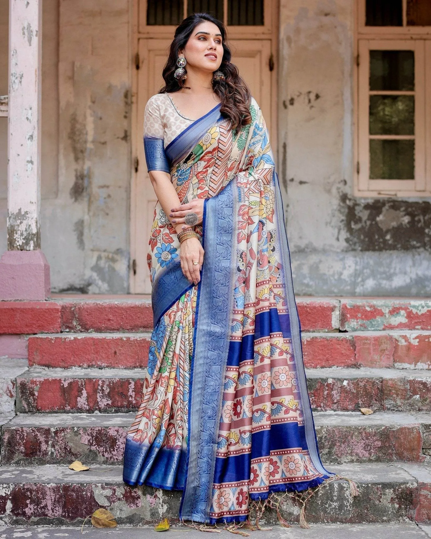 Multicolor Tussar Silk Saree with Artistic Floral Motifs and Traditional Blue Zari Border