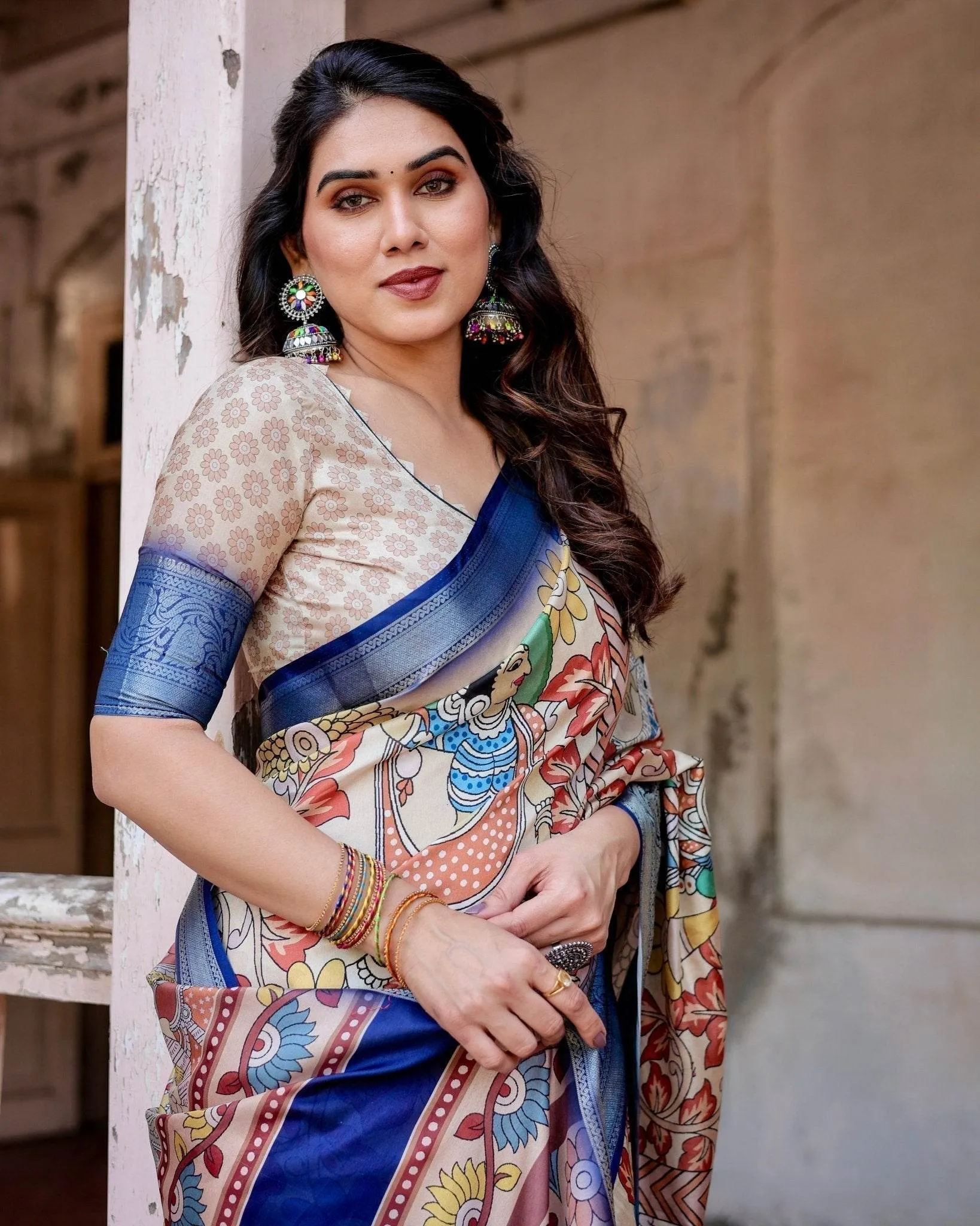 Multicolor Tussar Silk Saree with Artistic Floral Motifs and Traditional Blue Zari Border