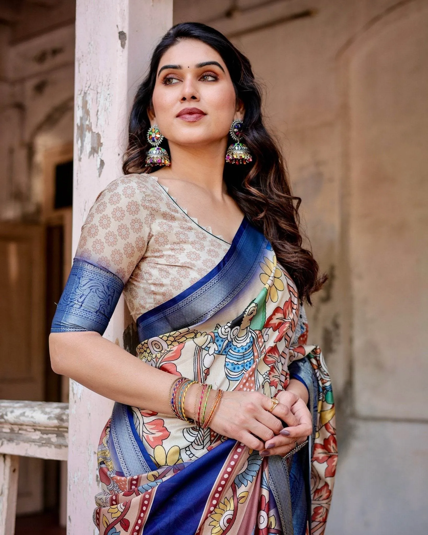 Multicolor Tussar Silk Saree with Artistic Floral Motifs and Traditional Blue Zari Border