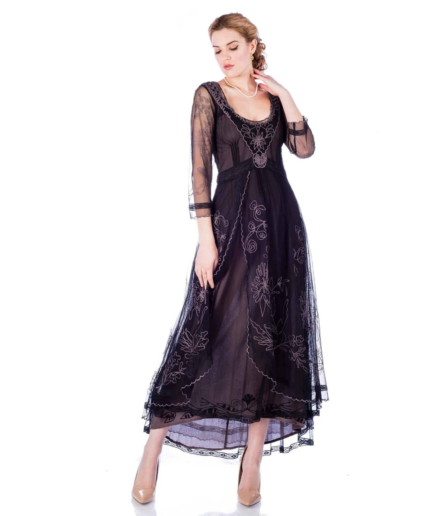 Nataya Black Embroidered Tulle Downton Abbey Edwardian Tea Party Dress