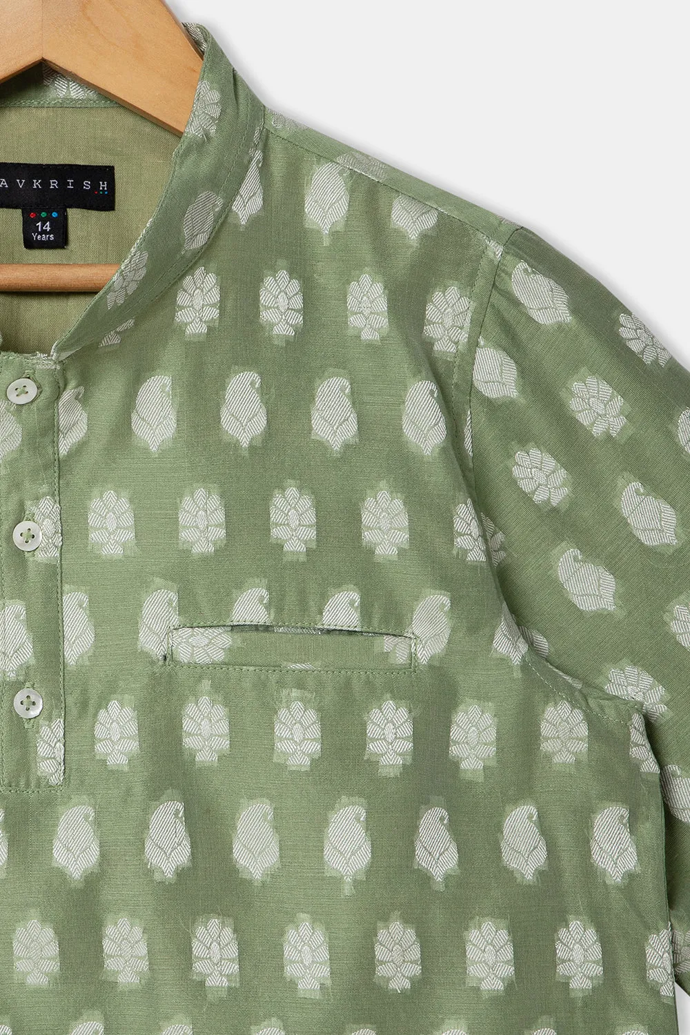 Navkrish Boy's Ethnic Wear Top & Bottom Mandarin Collar with Full Sleeve Kurta Set - Light Green - S001